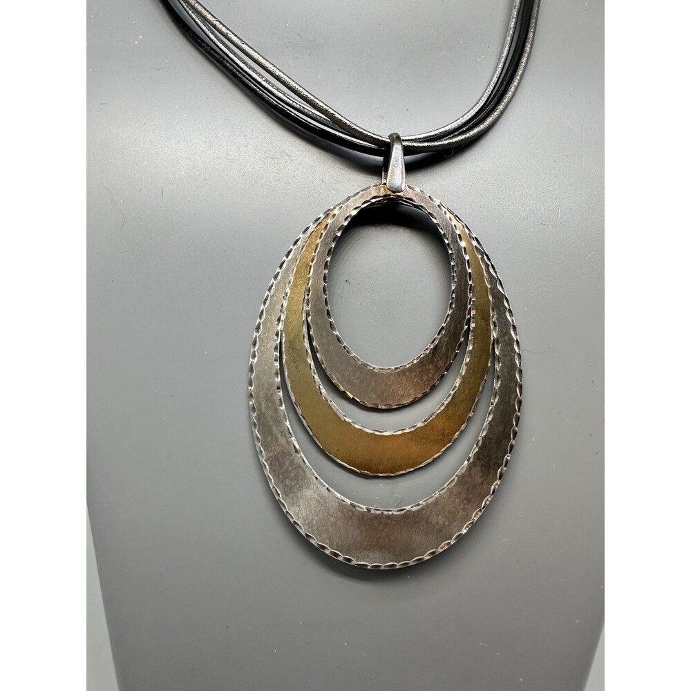 Mixed Metal Oval Pendant On Triple Leather Cord 16” Necklace Festival Concert